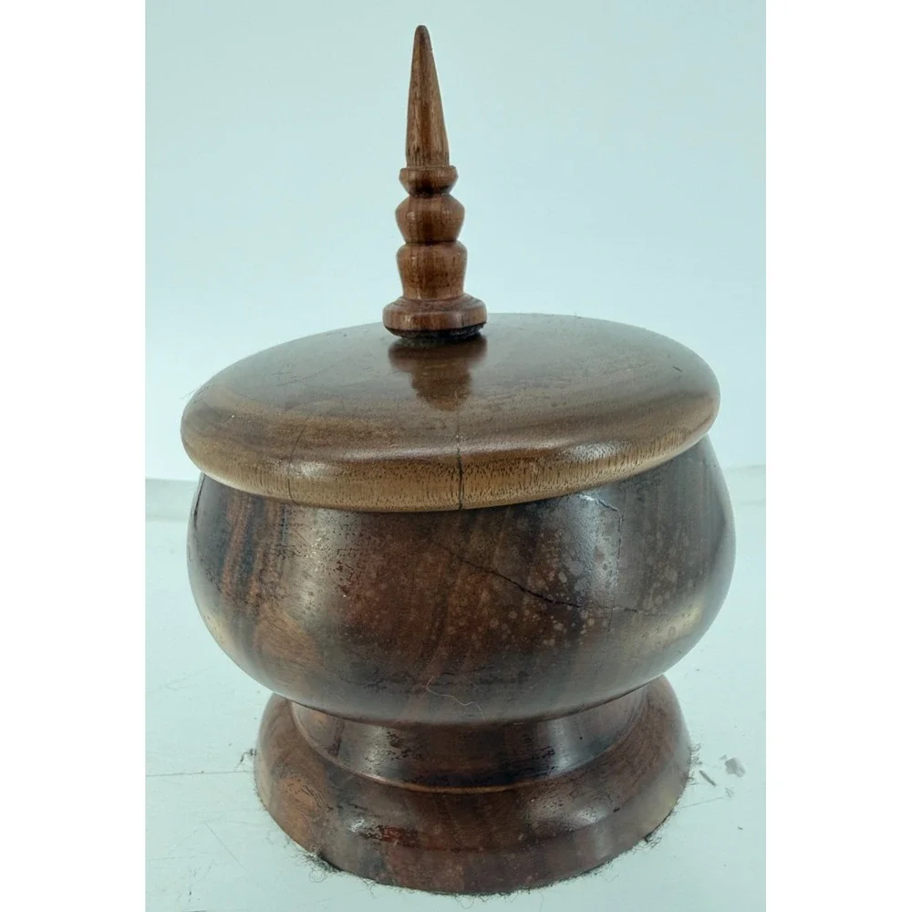 Vintage Hand Turned Wooden Lidded Box Trinket Pot Keepsake Storage Rustic Decor